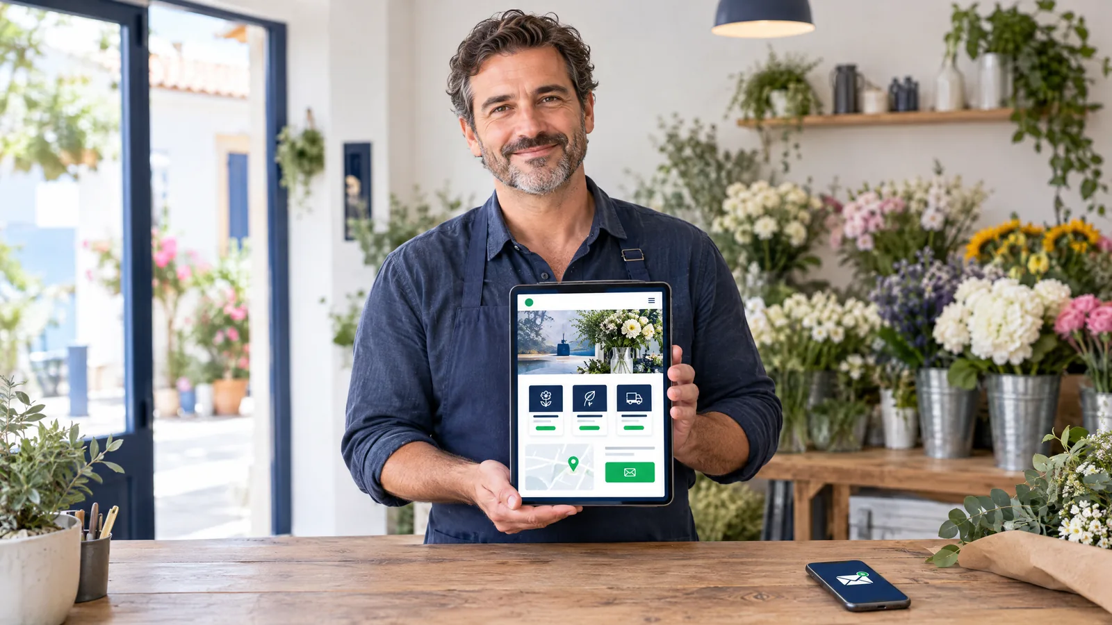 A barber in his shop showing a one-page business site on his phone